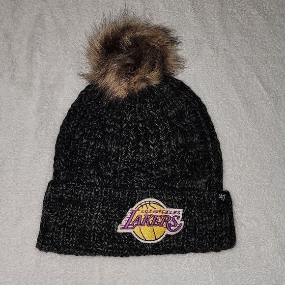 NWT Women's Los Angeles Lakers '47 Black Meeko Cuffed Knit Hat with Pom - Picture 2 of 5